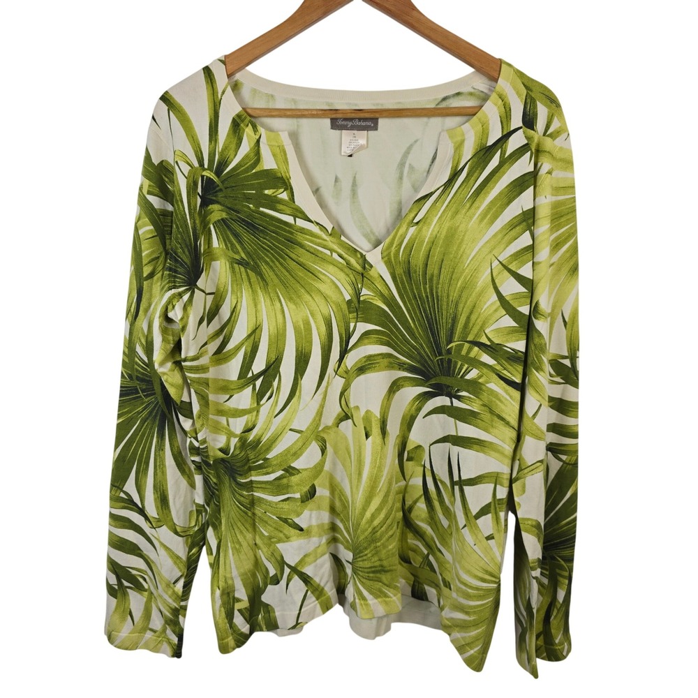 Tommy Bahama Womens XL Silk Blend Tropical Palm Leaf V-Neck Sweater Green Cream